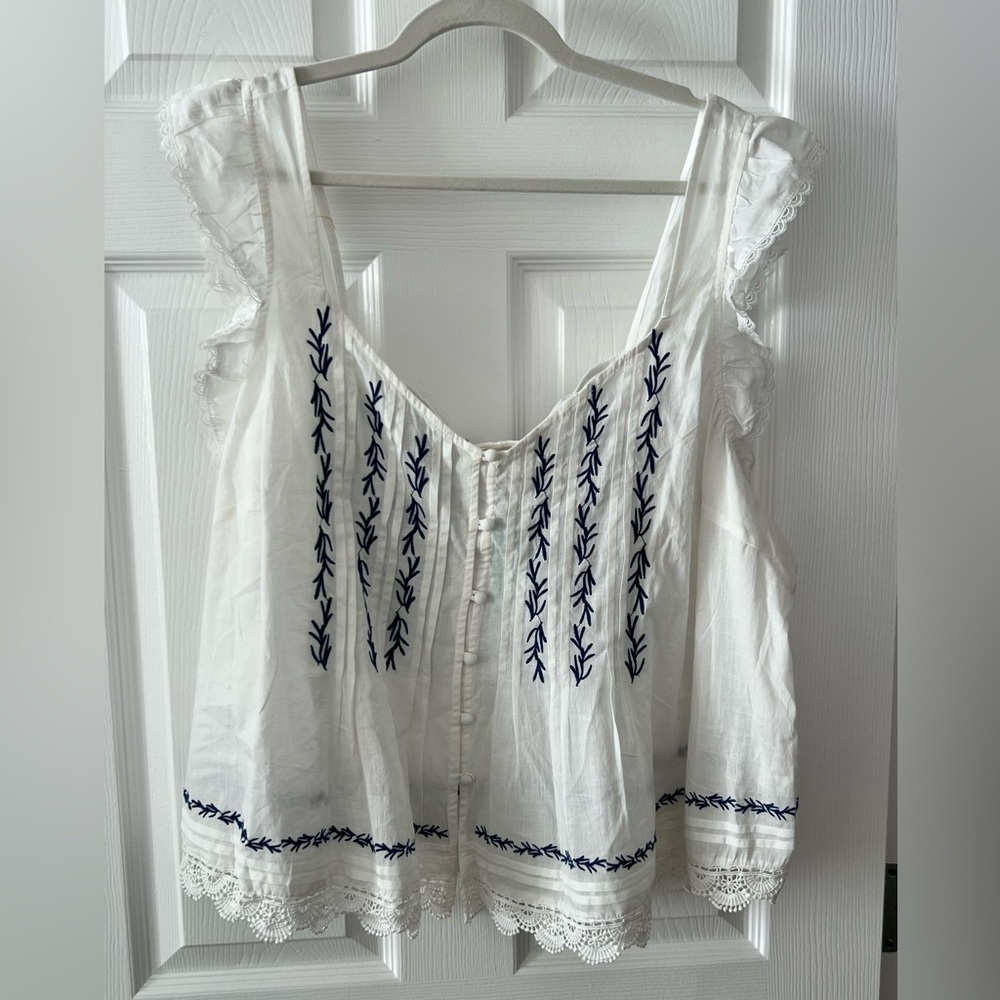 Anthropologie 2x BNWT pintuck cotton embroidered shirt